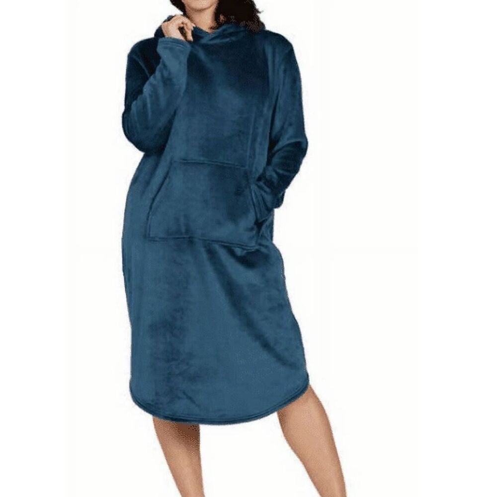 32 Degrees Cozy Plush Sleep Lounger Dress Soft Velour, Deep Baltic Teal S / M